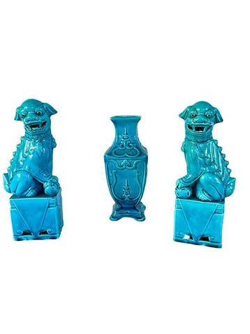 Beeld, Chiens de fô et vase - 24 cm - Aardewerk - 1950