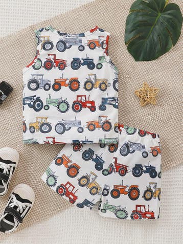 Zomer Set Baby Jongens: Tractor Print Tanktop & Shorts, Verzenden, Nieuw