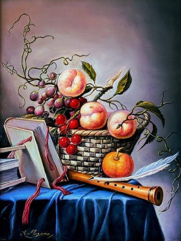 Alfonso Moreno (1947) - Stilleven met fruit, boeken en