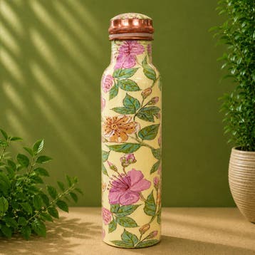 Puur koperen waterfles bloemenprint groen/rosé/crème – ±1, Ophalen of Verzenden, Nieuw
