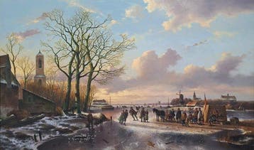 Fred Arends (1949) - Winter landschap met vele figuren en, Antiek en Kunst