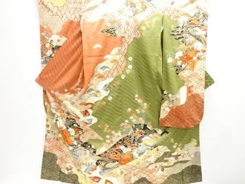 Furisode-kimono met tuinpaviljoen en bloemmotieven -, Antiek en Kunst