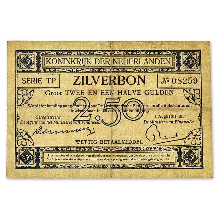 2,5 Gulden 1917 Zilverbon ZFr+, Postzegels en Munten, Bankbiljetten | Nederland, Verzenden