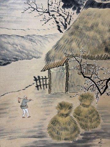 Japanse winterlandschap schilderij – Sneeuwbedekt bergdorpje