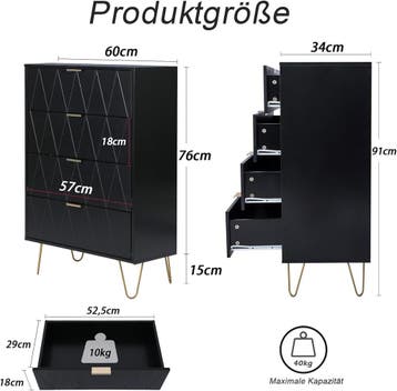 UEV Commode met laden, 60x34x91cm kast met 4 laden (zwart),, Verzenden, Zo goed als nieuw