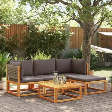 vidaXL 5-delige tuinbankset met kussens acaciahout & rotan, Verzenden, Nieuw, Hardhout