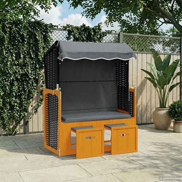 vidaXL Strandstoel met luifel poly rattan en hout zwart en, Verzenden, Nieuw