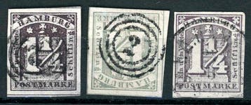 Hamburg 1864 - Partij met 3 gestempelde 1 1/4 S in 3 kleuren, Postzegels en Munten, Postzegels | Europa | Duitsland, Gestempeld
