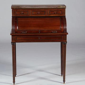 Frans cilinderbureautje in donker mahonie met donkerblauw le, Antiek en Kunst, Ophalen of Verzenden