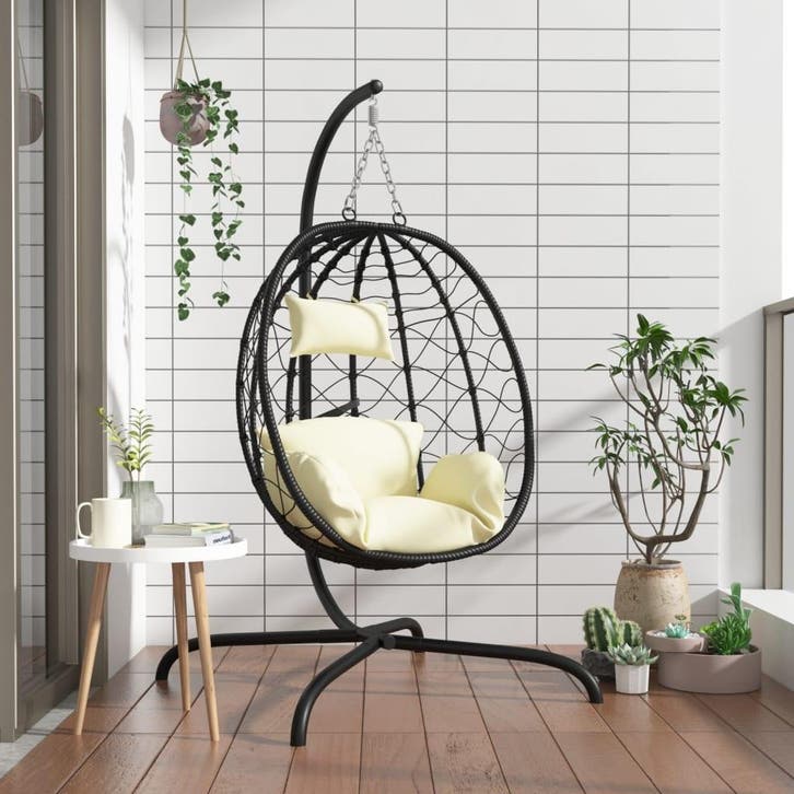 vidaXL Hangende Ei-stoel met Kussen Crèmewit Poly Rattan &, Tuin en Terras, Tuinbanken, Nieuw, Rotan, Verzenden