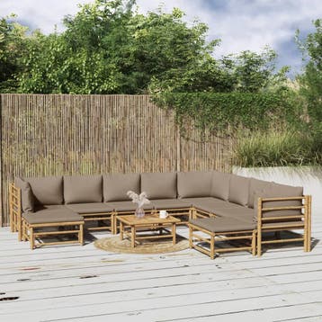vidaXL 11-delige Loungeset met kussens bamboe taupe, Verzenden, Nieuw, Hout, Loungeset