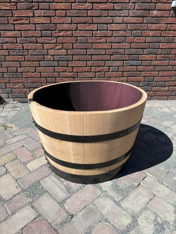 Eikenhouten bloembakken wijnvaten 225L zwarte banden, Rond, Nieuw, Ophalen of Verzenden, Balkon