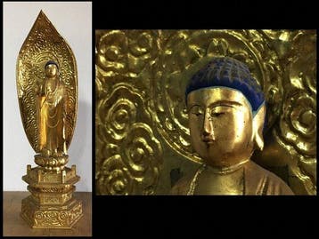 Vintage Japanese Carved Wooden Standing Amida Buddha Statue