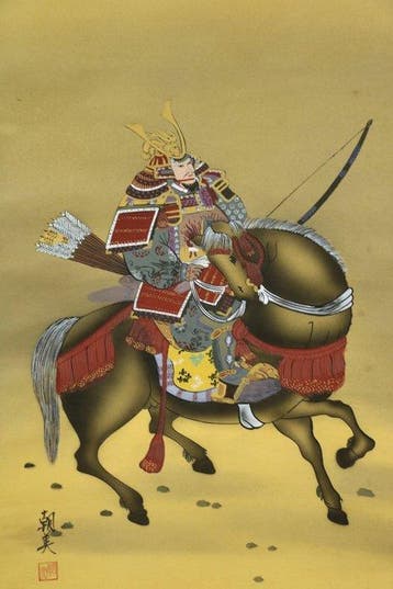 “Musha no Zu” — Samurai hangende rol door Higaki Asami,, Antiek en Kunst