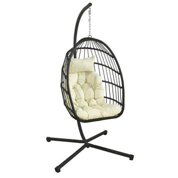 Moderne Hangstoel Binnen Buiten | Zwart Beige | A-kwalite..., Tuin en Terras, Ophalen of Verzenden, Nieuw, Wicker, Inklapbaar