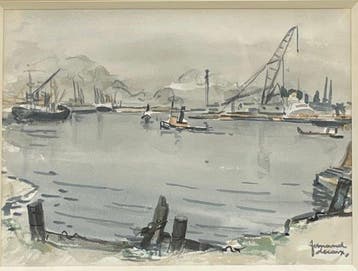 Fernand Decaix (1901-1974) - Bateaux et grue au Port du, Antiek en Kunst
