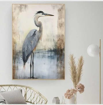 Minimalistische Blauwe Reiger Aquarel Poster - Stijlvolle Wa