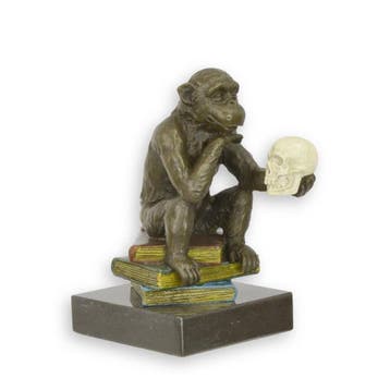 Bronzen beeld van een darwin aap op boeken antieke kleur, Verzenden, Nieuw