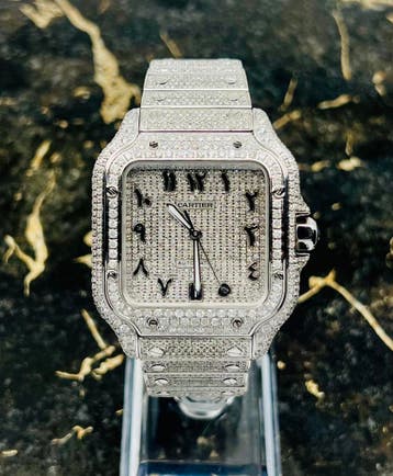 Cartier Santos - Arab Pave Dial - Large- Iced Out - Diamonds, Sieraden, Tassen en Uiterlijk, Horloges | Heren, Overige merken