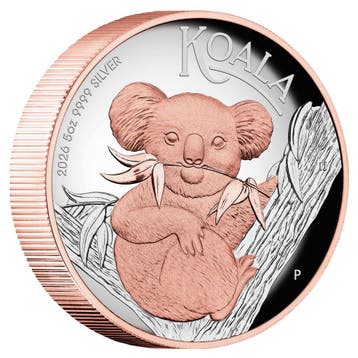 Koala 5 oz 2026 High Relief Proof Rose Gold Gilded, Verzenden, Losse munt, Zilver