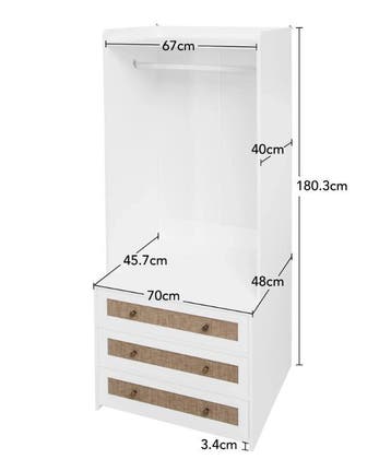Witte boho kledingkast met 3 lades en kledingroede 180 cm, Verzenden, Nieuw