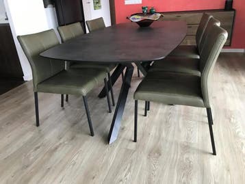 Set van 6 leren eetkamerstoelen - groen leer, Huis en Inrichting, Stoelen, Ophalen of Verzenden, Nieuw, Leer