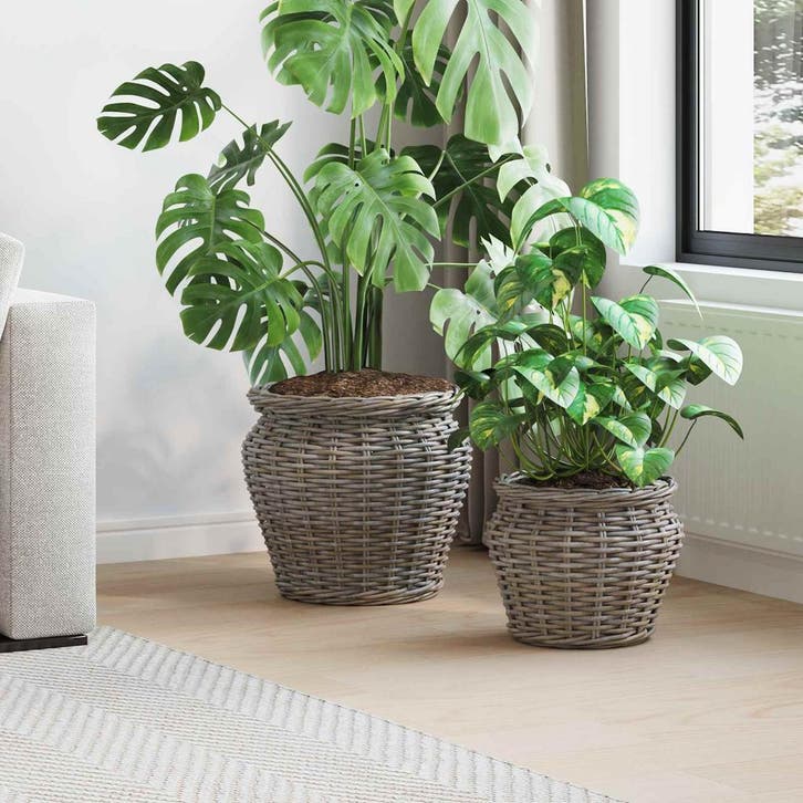 vidaXL Plantenmand met opslag 2 pcs Grijs Lacak Riet, Huis en Inrichting, Woonaccessoires | Schalen en Manden, Nieuw, Verzenden
