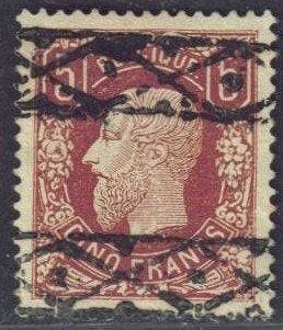 België 1878 - 5Fr. Z.M. Koning Leopold II, top centrage en, Gestempeld