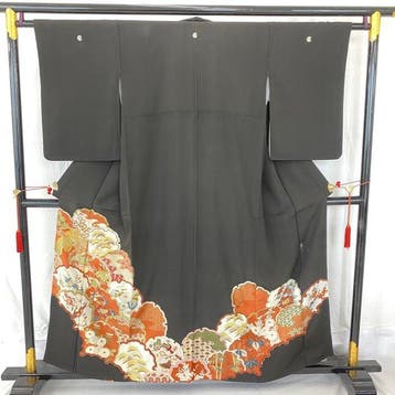 Japans vintage kimono, zijden, zwart tomesode, familiewapen