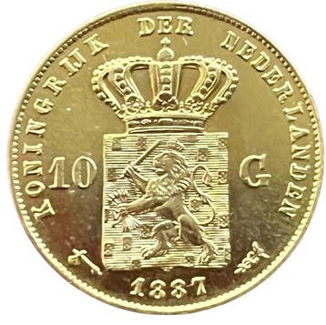 Gouden 10 gulden 1887 Willem III Schaars, Koning Willem III, Verzenden, Goud, Losse munt