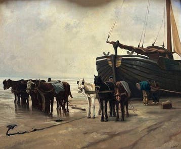 J Beekhout (1937) - Vissers terug van de vangst, Antiek en Kunst