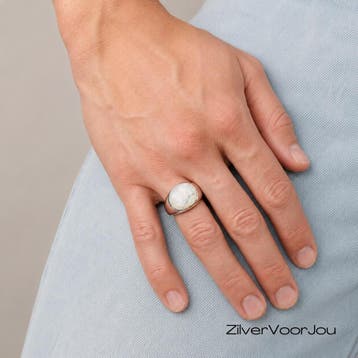Zilveren zegelring uniseks wit parelmoer, Verzenden, Nieuw, Zilver