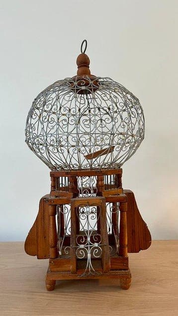 Vogelhuisje - Prachtige houten antieke ballonkooi