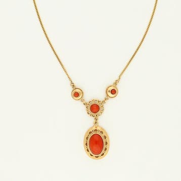 Halsketting - 14 karaat Geel goud - Bloedkoraal, Sieraden, Tassen en Uiterlijk, Kettingen, Nieuw