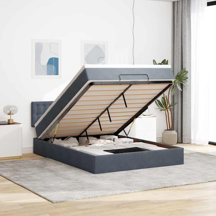 vidaXL Ottoman bed met matras en LEDs 140x200cm fluweel, Huis en Inrichting, Slaapkamer | Bedden, 140 cm, 200 cm, Grijs, Tweepersoons