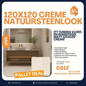Crème natuursteenlook 120x120 - Palletdeal 33m² €612, 60 cm of meer, Nieuw, Ophalen of Verzenden, 10 m² of meer