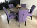 Set van 5 leren eetkamerstoelen - met houten poten - paars, Ophalen of Verzenden, Nieuw, Leer
