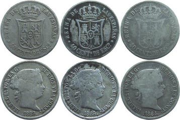 Spanje. Isabel II. 40 Céntimos de Escudo Lote de 3 monedas.