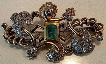 Broche - 18 karaat Geel goud Smaragd - Diamant - Oude broche