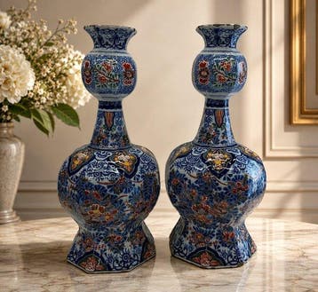 Paar grote polychrome Delftse knobbelvazen - Vaas -