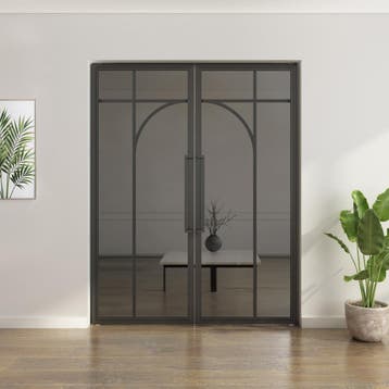 Dubbele stalen taatsdeur - Zwart - 5 Vlaks rond - Rook glas*, Minder dan 80 cm, Overige typen, Nieuw, Metaal