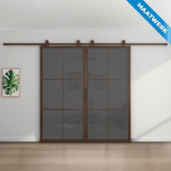 Dubbele stalen Schuifdeuren 6 Vlaks Brons Maatwerk Rook glas, Doe-het-zelf en Verbouw, Kozijnen en Schuifpuien, Nieuw, Inclusief glas