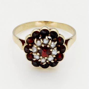 Ring - 14 karaat Geel goud - Granaat - Parel, Nieuw