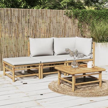 vidaXL 3-delige Loungeset met kussens bamboe lichtgrijs, Verzenden, Nieuw, Hout, Loungeset