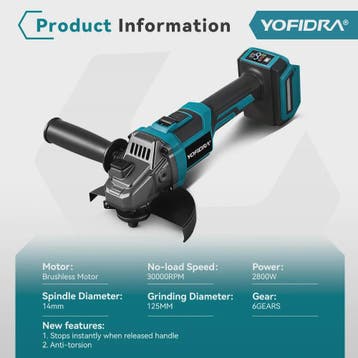 YOFIDRA Accu Haakse Slijper 125mm M14 - Borstelloze Motor, 2, Verzenden, Nieuw