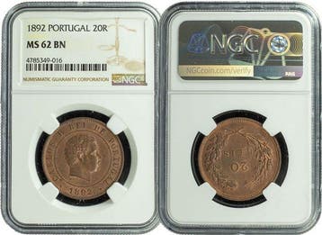 Portugal. Carlos I. 20 Reis Certificada NGC - MS 62 BN 1892, Postzegels en Munten