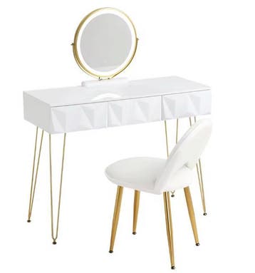 Kaptafel met LED-Spiegel en Stoel – 3 Lades, Wit en Goud, Verzenden, Nieuw