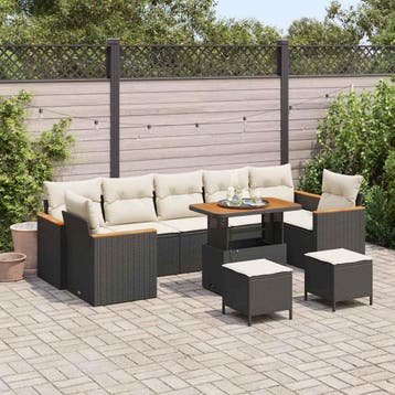 vidaXL Tuin Sofa Set met kussen 10 pcs Zwart Poly riet, Verzenden, Nieuw, Rotan, Meer dan 8 zitplaatsen
