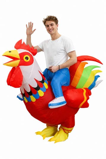 KIMU® Opblaas Kostuum Zittend op Kip Rood Regenboog Opblaasb, Kleding | Heren, Carnavalskleding en Feestkleding, Carnaval, Nieuw