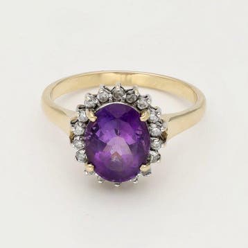 Ring - 14 karaat Geel goud Amethist - Diamant, Sieraden, Tassen en Uiterlijk, Ringen, Nieuw